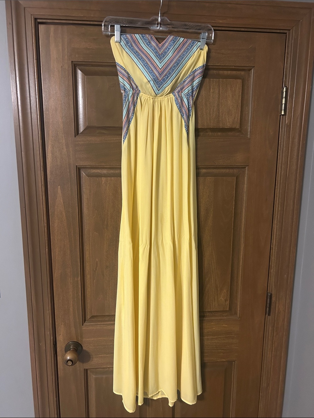 Sunshine Yellow Strapless Maxi Dress with Patterned Bodice